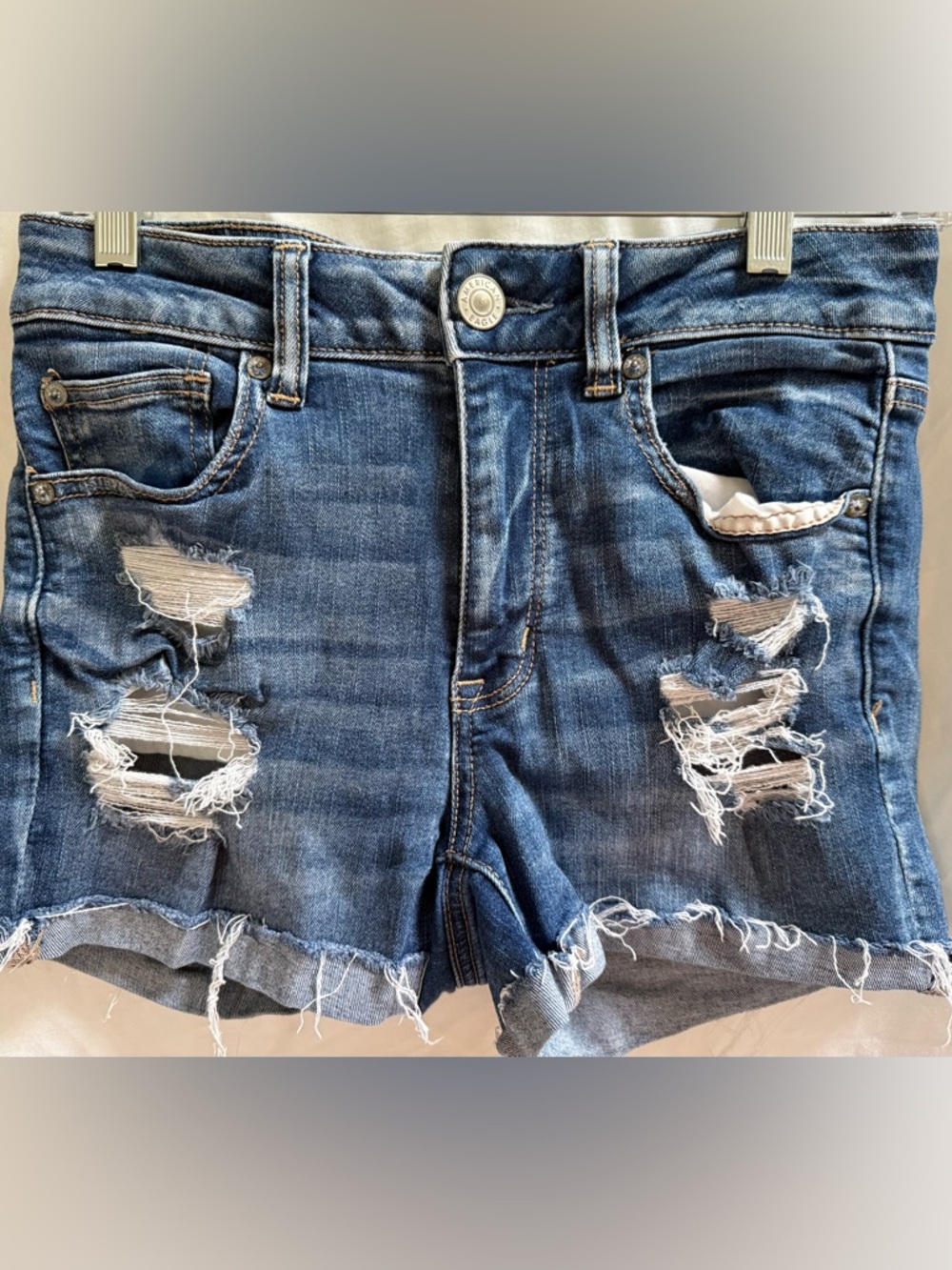 American Eagle Sz 8 Hi Rise Shortie Distressed Blue Denim Shorts
